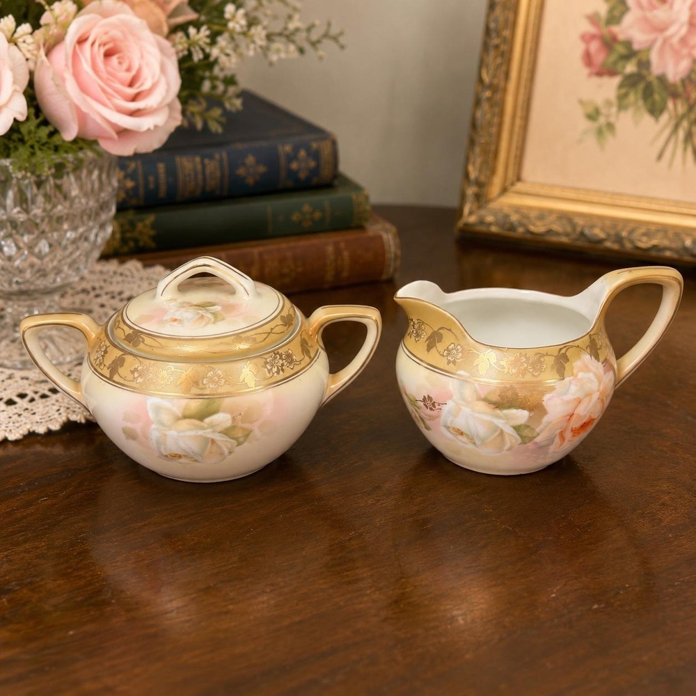 RS Germany Hand Painted Sugar Bowl & Creamer Set Pink Roses Gold Gilt Porcelain*